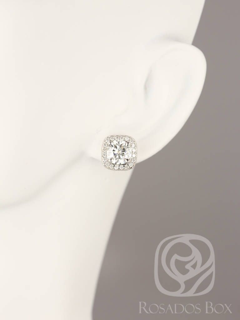 Rheine 14kt White Gold Moissanite Diamonds Milgrain Cushion Halo Stud Earrings by Rosados Box