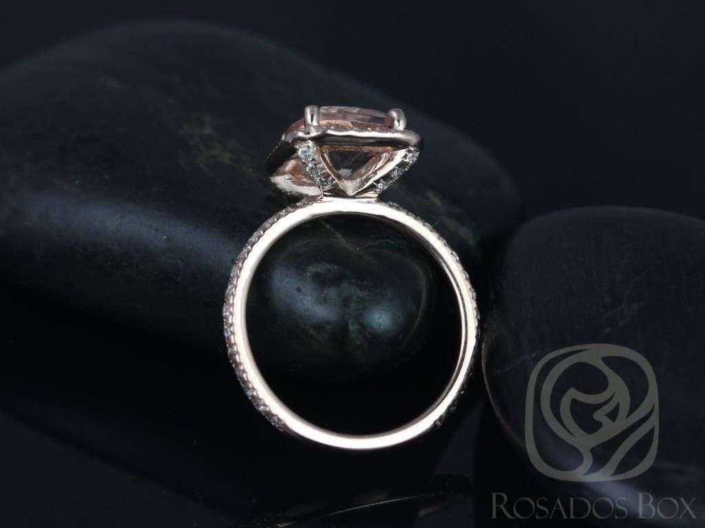 Rosados Box  Ready to Ship Pernella 8mm Cushion Morganite Engagement Ring 14kt Rose Gold Diamonds Halo