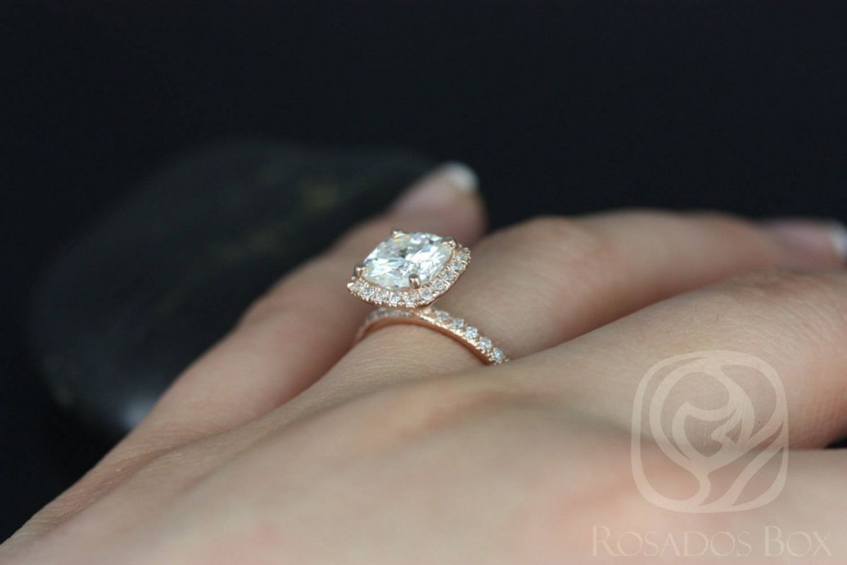 SALE Rosados Box Ready to Ship Mariah 7.5mm 14kt Rose Gold Cushion FB Moissanite and Diamond Halo Engagement Ring