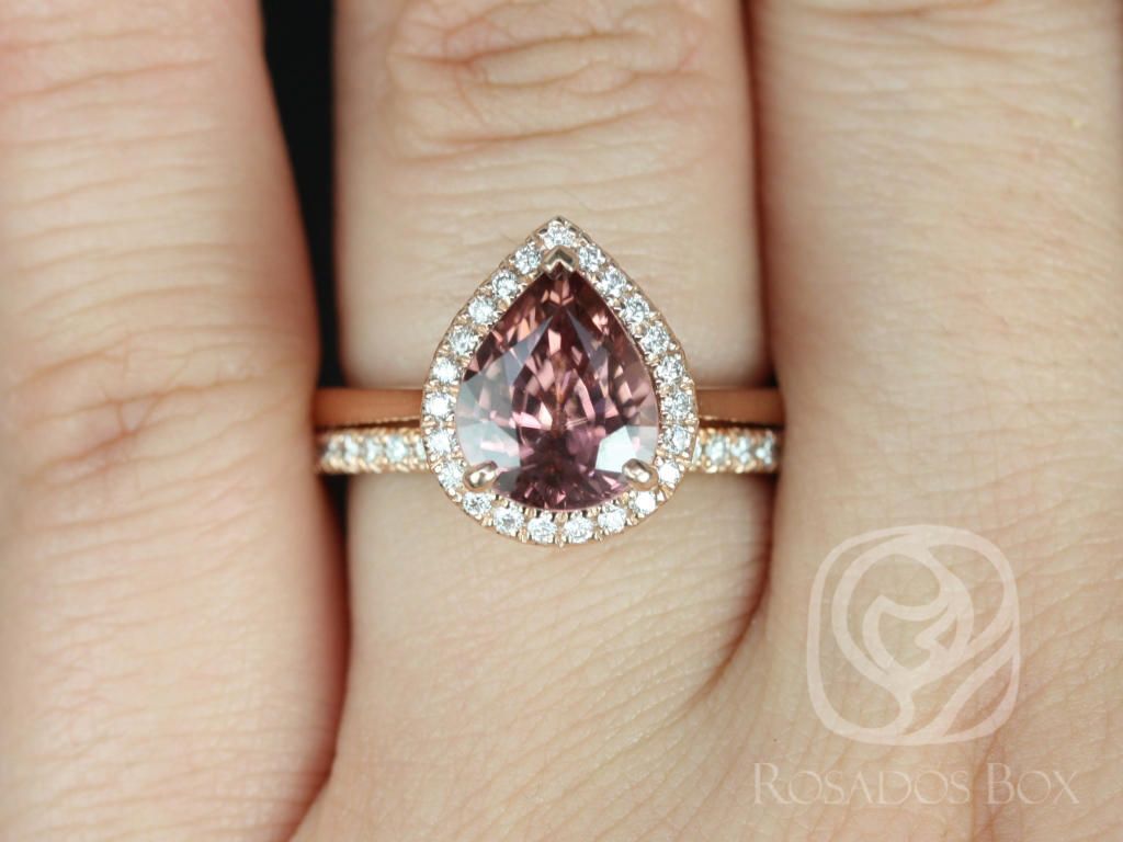 Rosados Box Ready to Ship Karma 3.56cts & Pernella 14kt Rose Gold Wide Pear Wine Zircon and Diamond Halo Wedding Set