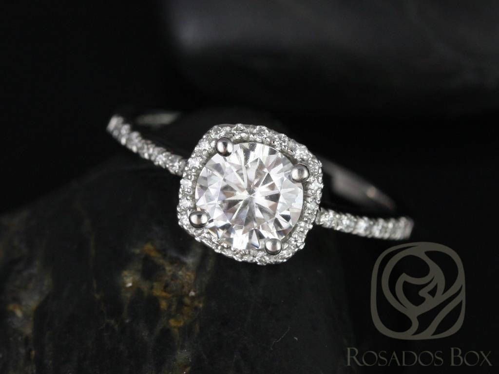 SALE Rosados Box Ready to Ship Barra 6mm Platinum Round FB Moissanite Diamonds Cushion Halo Engagement Ring