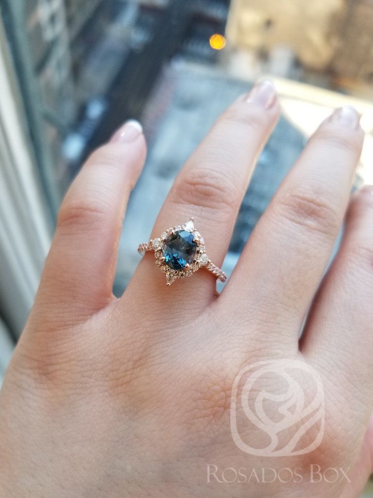 Rosados Box Ready to Ship Jadis 2.15cts 14kt Rose Gold Oval Denim Blue Sapphire and Diamonds Star Halo Engagement Ring