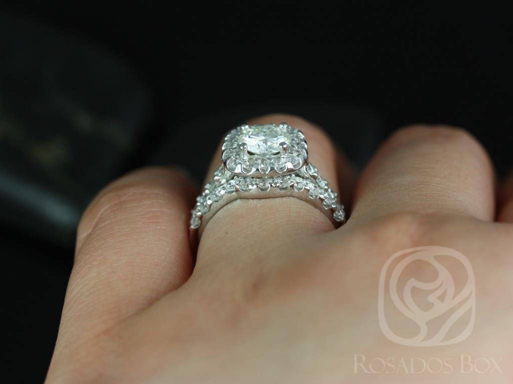 SALE Rosados Box Ready to Ship Trisha 6.5mm 14kt White Gold Round FB Moissanite and Diamonds Cushion Halo Wedding Set