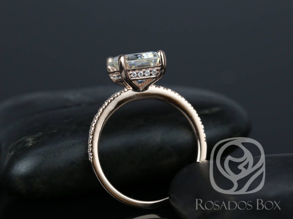 SALE Rosados Box Ready to Ship Vertical Becca 10x8mm 14kt Rose Gold Emerald FB Moissanite and Diamonds Engagement Ring