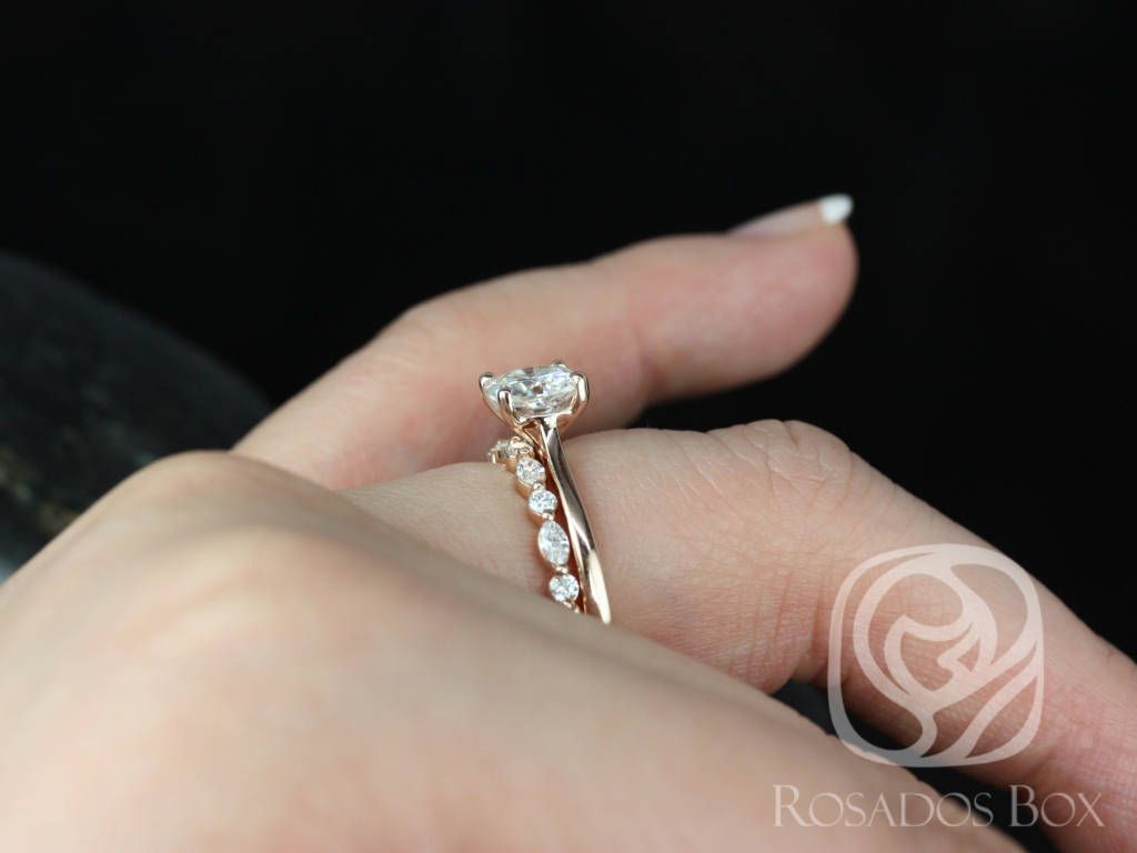 Rosados Box Skinny Florence 6.5mm & Cher 14kt Rose Gold Cushion Moissanite and Diamonds Tulip Cathedral Solitaire Wedding Set