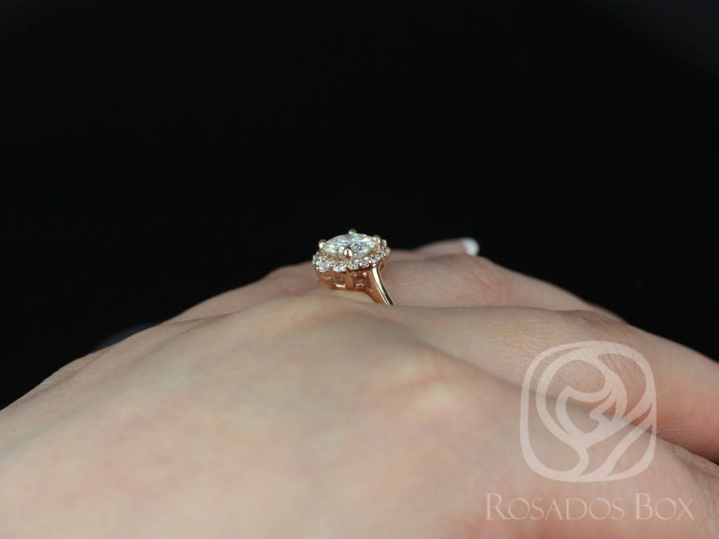 Rosados Box Eluma 7mm 14kt  Rose Gold Round Moissanite and Diamonds Shield Graduated Halo Engagement Ring