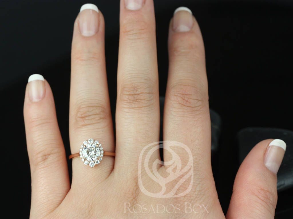 Rosados Box Eluma 7mm 14kt  Rose Gold Round Moissanite and Diamonds Shield Graduated Halo Engagement Ring