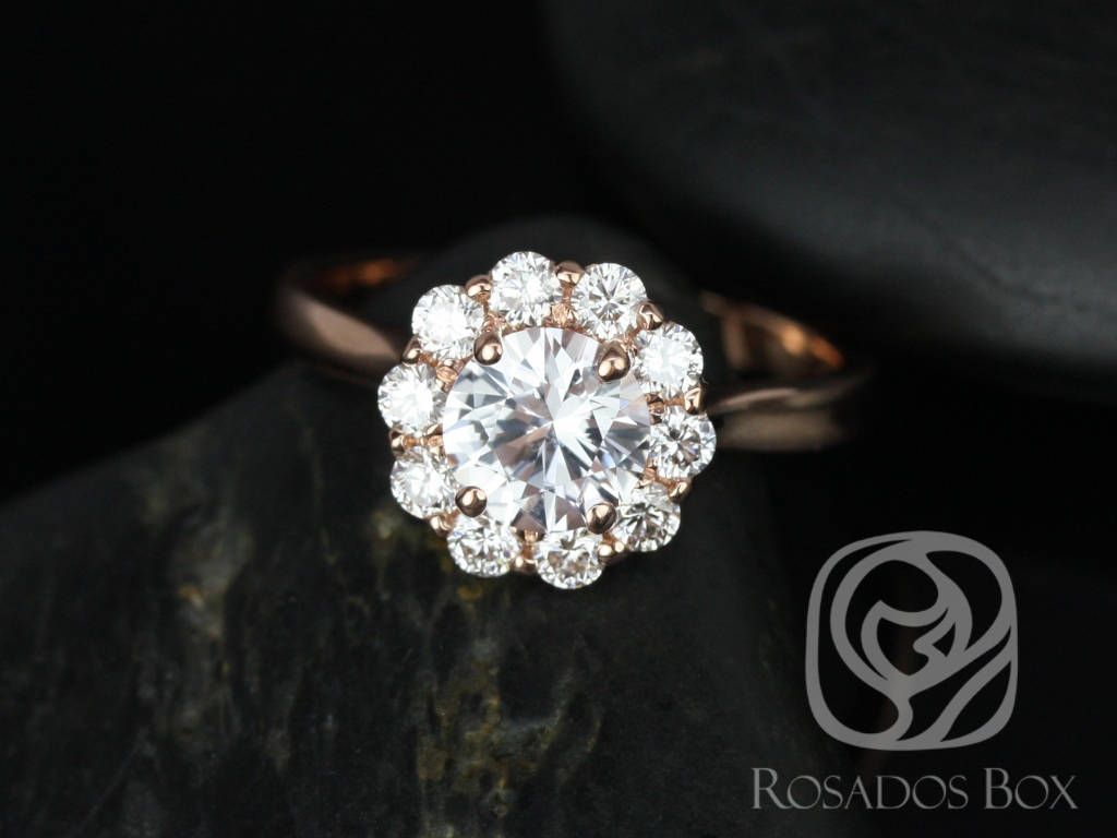 SALE Rosados Box Ready to Ship Blossom 1.17cts 14kt Rose Gold Round White  Sapphire and Diamonds Flower Halo Engagement Ring