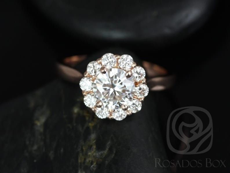 Blossom 6.5mm 14kt Rose Gold Round Moissanite and Diamonds Flower Halo Engagement Ring, Rosados Box