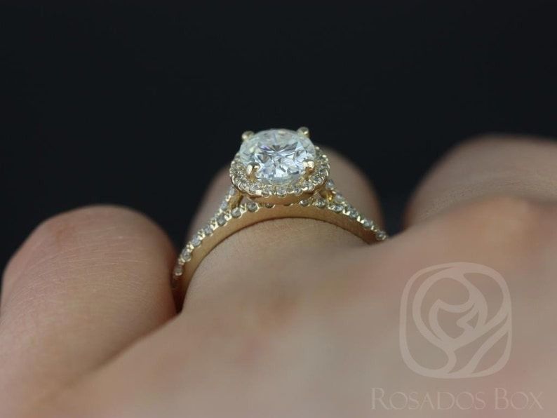 Rebecca 8x6mm 14kt Yellow Gold Oval Moissanite and Diamond Halo Classic Wedding Set