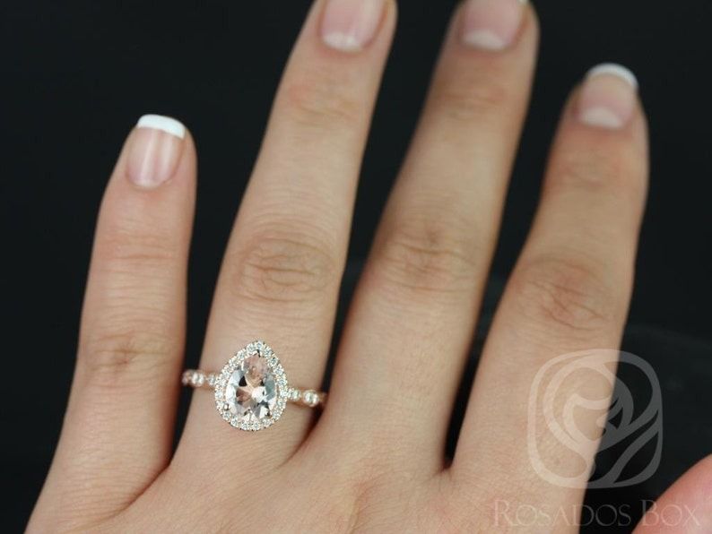 Sydney 9x7mm 14kt Rose Gold Pear Morganite and Diamonds Halo and Leaves WITH Milgrain Engagement Ring