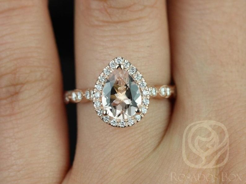 Sydney 9x7mm 14kt Rose Gold Pear Morganite and Diamonds Halo and Leaves WITH Milgrain Engagement Ring