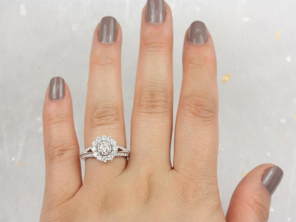 Ready to Ship 14kt Round Flower Petal Halo Diamond Split Shank WITH Milgrain Engagement Ring