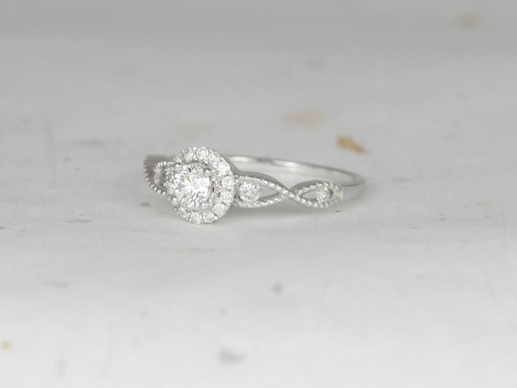 Ready to Ship 14kt Twisted Halo Round Diamond WITH Milgrain Engagement Ring