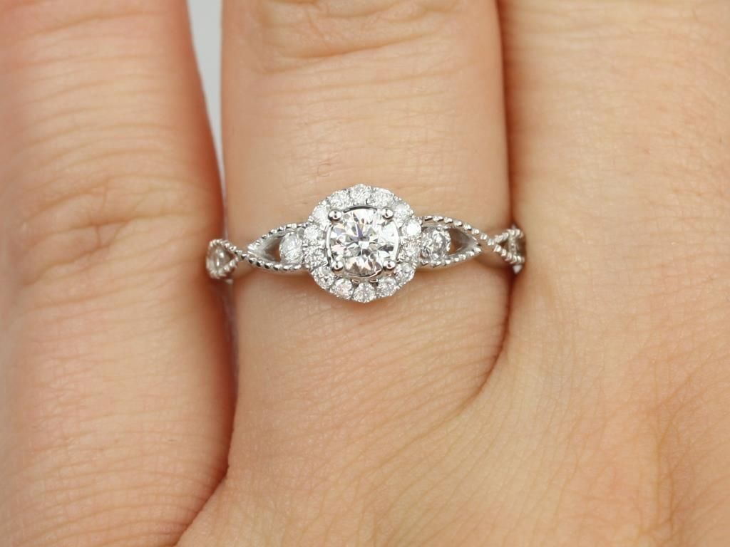 Ready to Ship 14kt Twisted Halo Round Diamond WITH Milgrain Engagement Ring