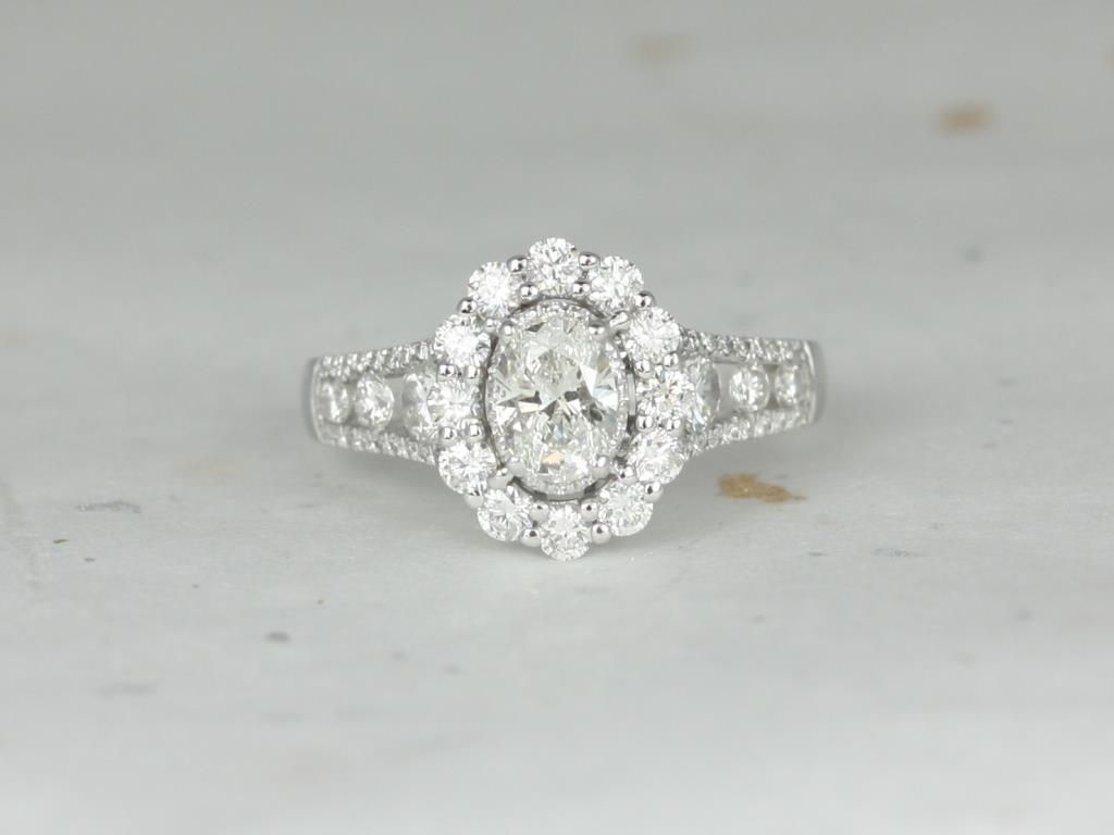 Ready to Ship 14kt Oval Flower Petal Halo Diamond Reversed Tapered Channel Engagement Ring
