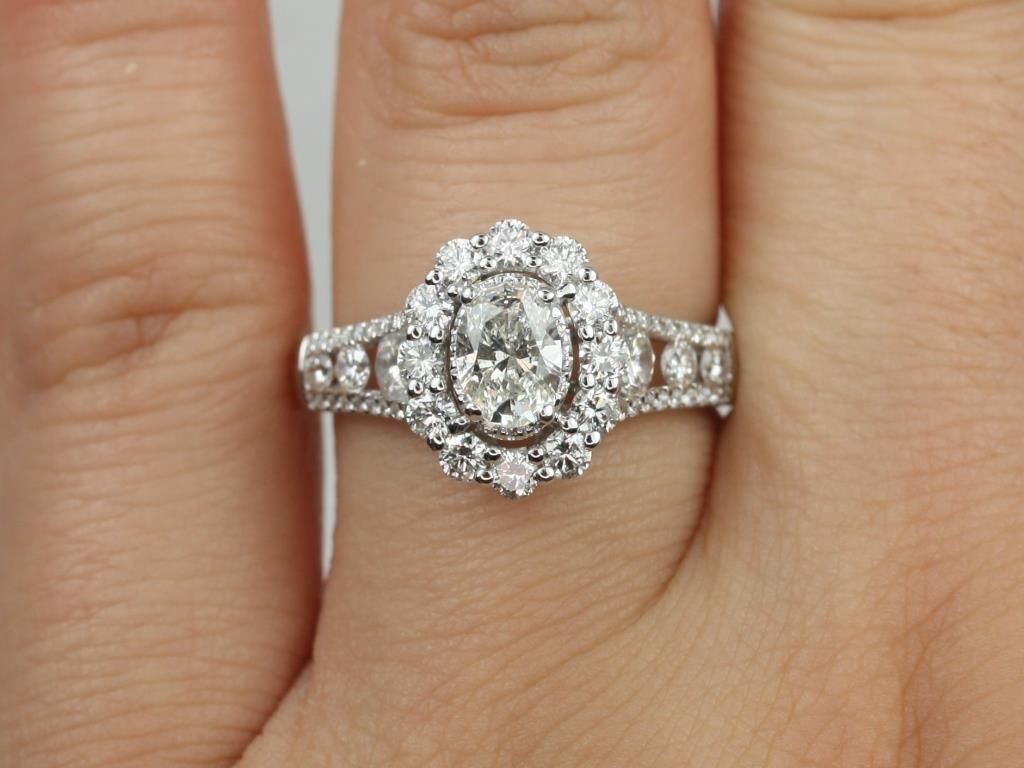 Ready to Ship 14kt Oval Flower Petal Halo Diamond Reversed Tapered Channel Engagement Ring
