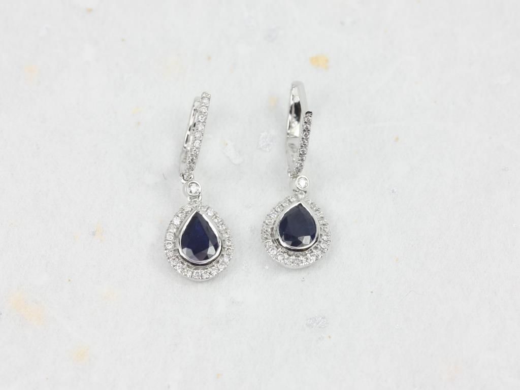 Ready to Ship 14kt Pear Blue Sapphire and Diamonds Halo Dangle Earrings