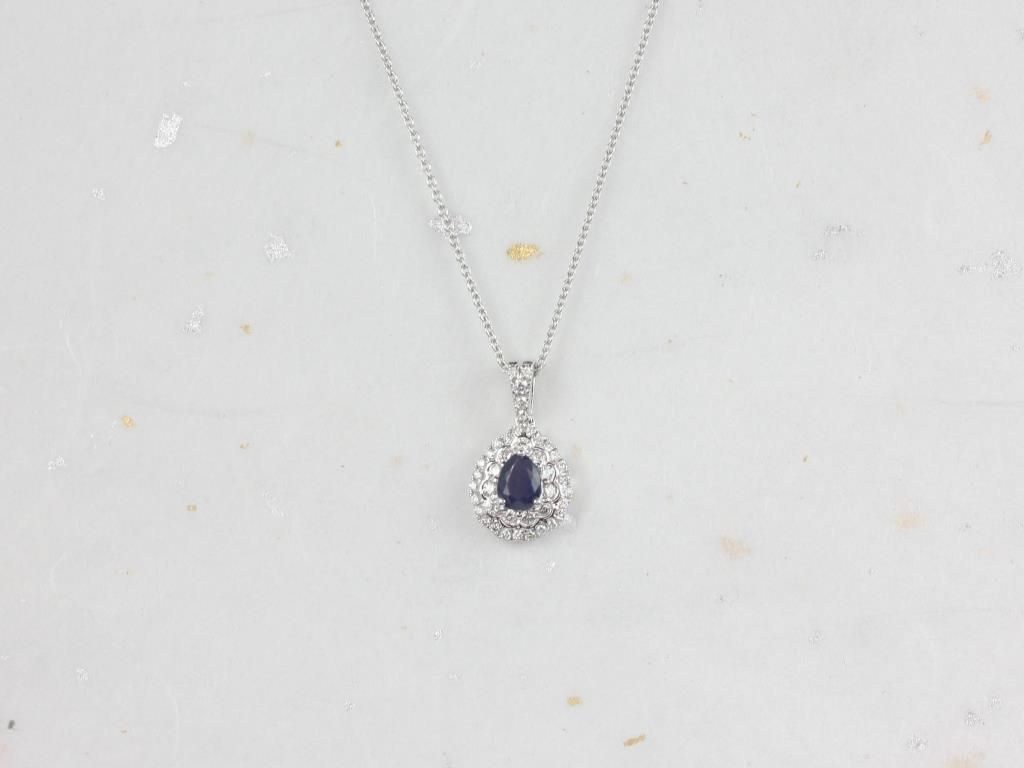 Ready to Ship 14kt Petite Pear Blue Sapphire and Diamonds Double Halo Necklace