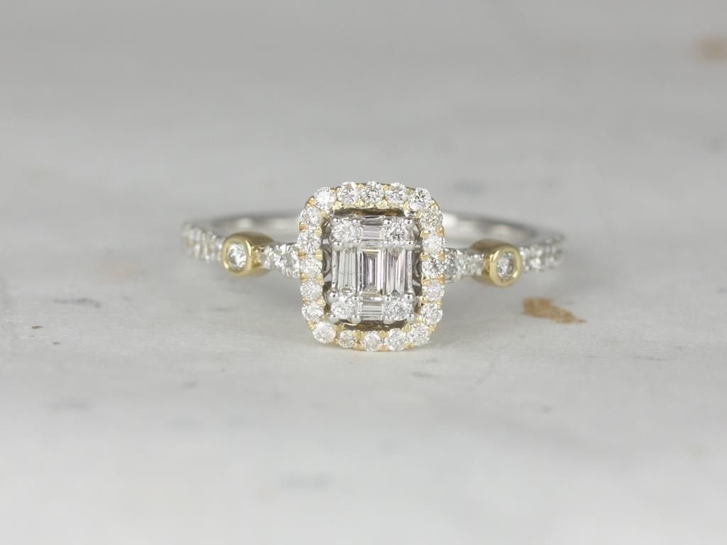 Ready to Ship 14kt Two-toned Cushion Baguette Cluster Halo Diamonds Engagement Ring