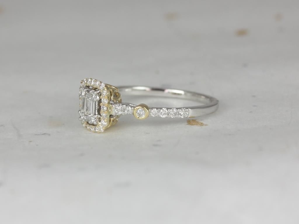 Ready to Ship 14kt Two-toned Cushion Baguette Cluster Halo Diamonds Engagement Ring