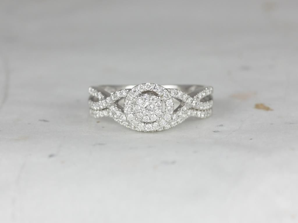 Ready to Ship 14kt Cluster Round Halo Twisted Pave Diamond Wedding Set
