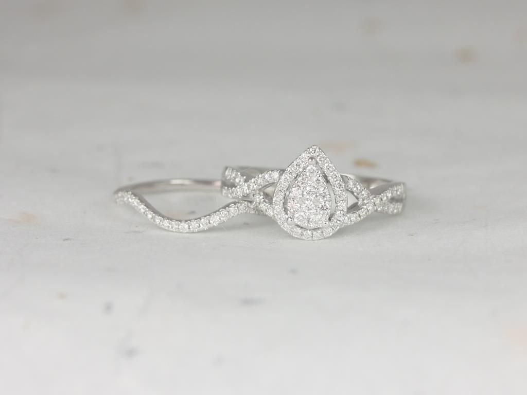 Ready to Ship 14kt Pear Cluster Halo Twisted Pave Diamond Wedding Set