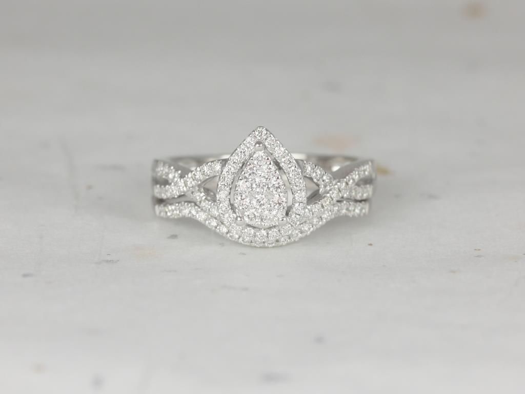 Ready to Ship 14kt Pear Cluster Halo Twisted Pave Diamond Wedding Set