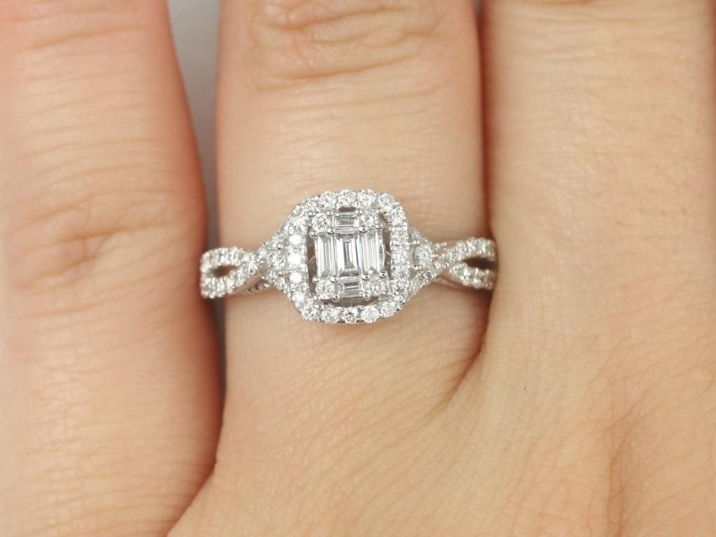 Ready to Ship 14kt Cushion Baguette Cluster Halo Twisted Diamonds Engagement Ring