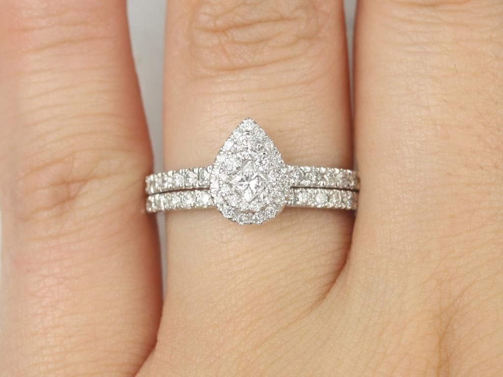 Ready to Ship 14kt Pear Cluster Halo Classic Pave Diamond Wedding Set