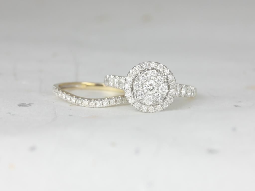Ready to Ship 14kt Two-Toned Cluster Round Halo Vintage Gallery Pave Diamond Wedding Set