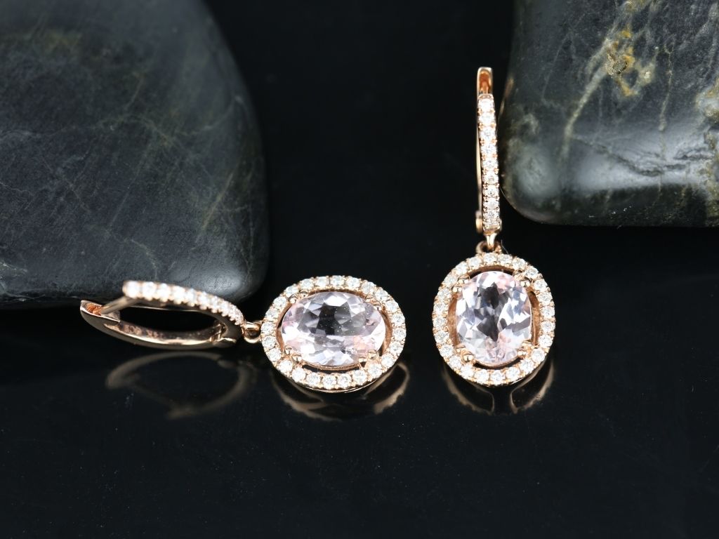 14kt Rose Gold Oval 9x7mm Morganite & Diamond Halo Dangle Earrings