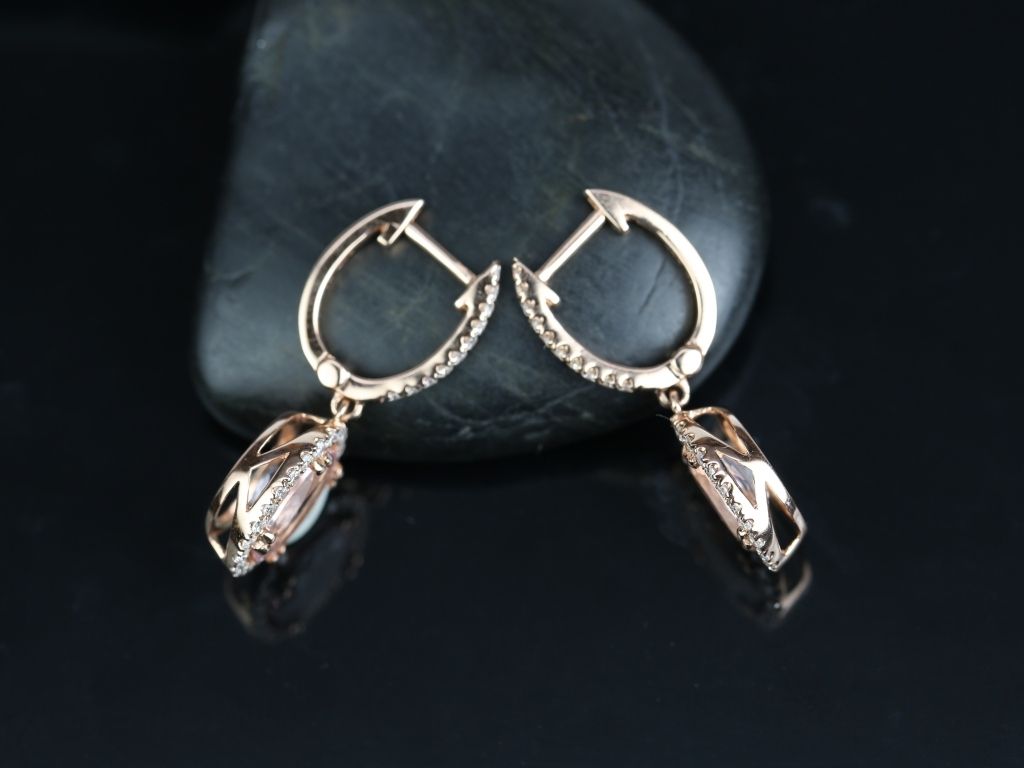 14kt Rose Gold Oval 9x7mm Morganite & Diamond Halo Dangle Earrings