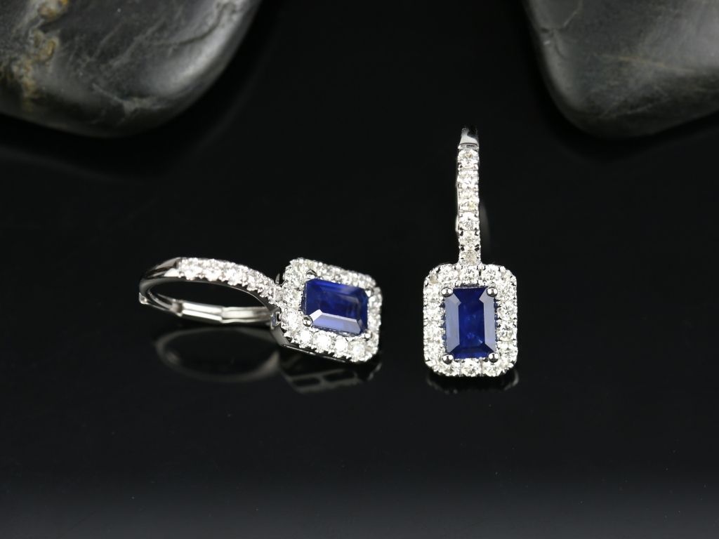 18kt White Gold 6x4mm Emerald Cut Blue Sapphire and Diamond Halo Dangle Earrings