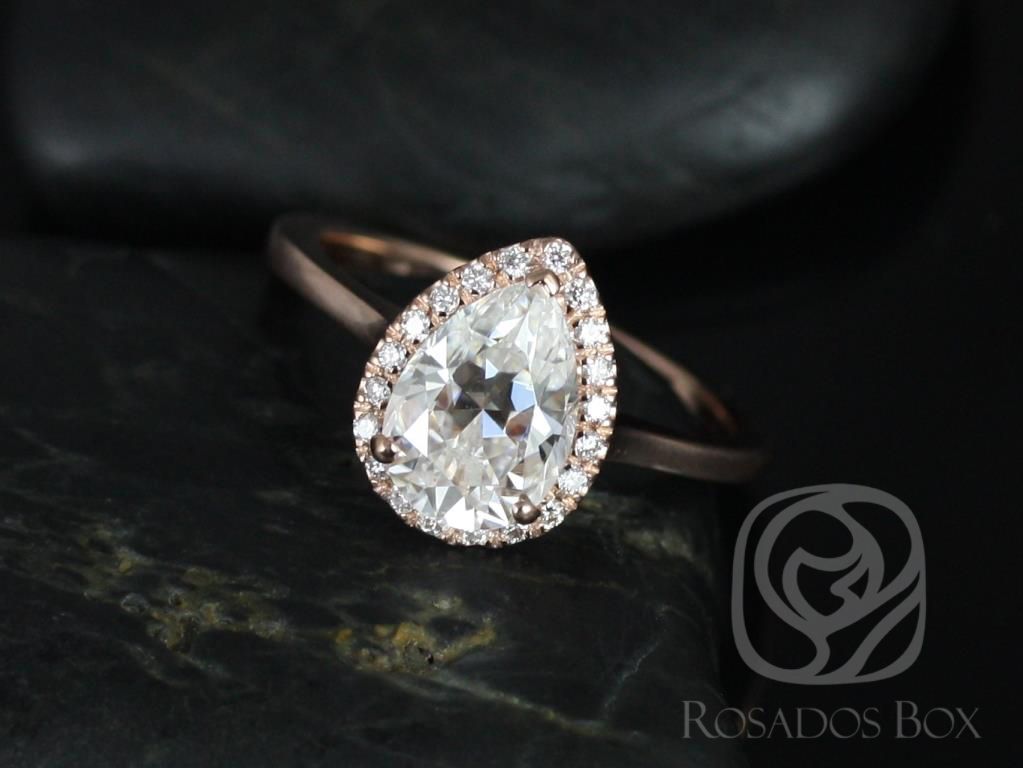 2ct Jorie 10x7mm 14kt Moissanite Diamonds Pear Halo Ring by Rosados Box