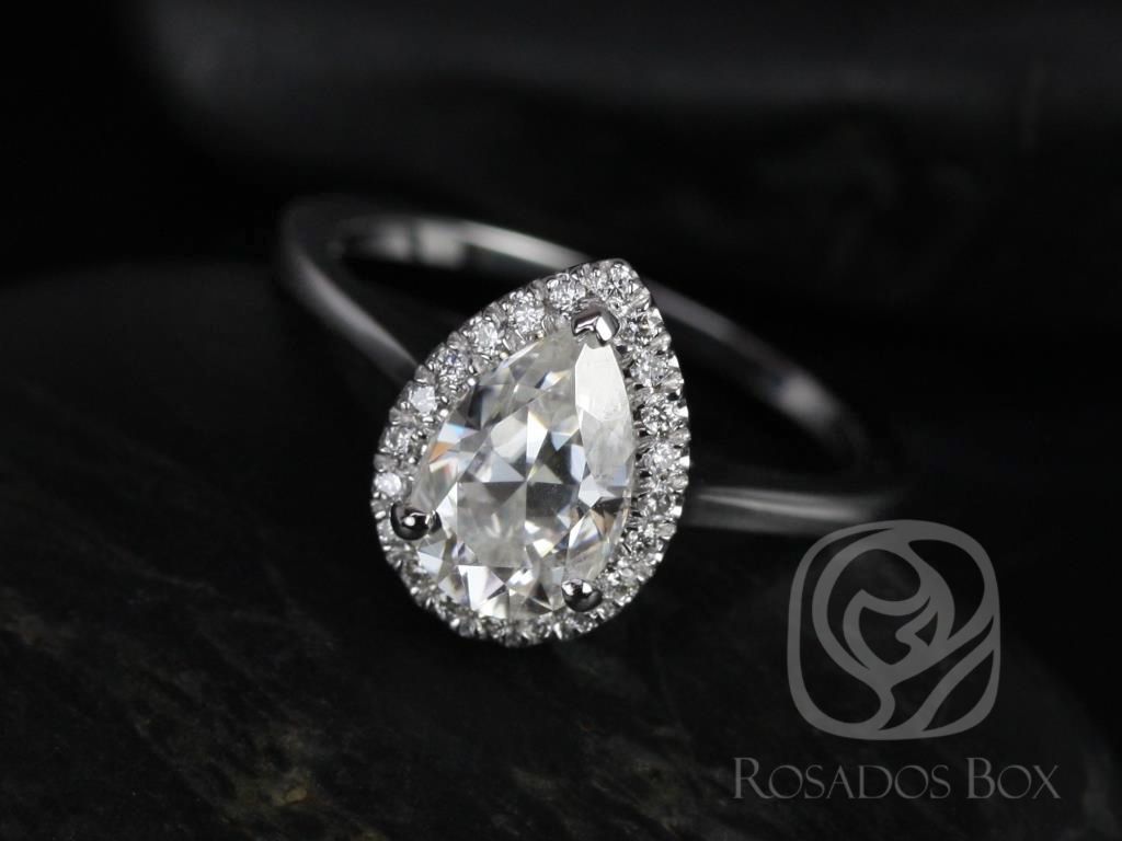 Rosados Box Julie 9x6mm 14kt White Gold Pear Moissanite and Diamonds Plain Shank Halo Engagement Ring