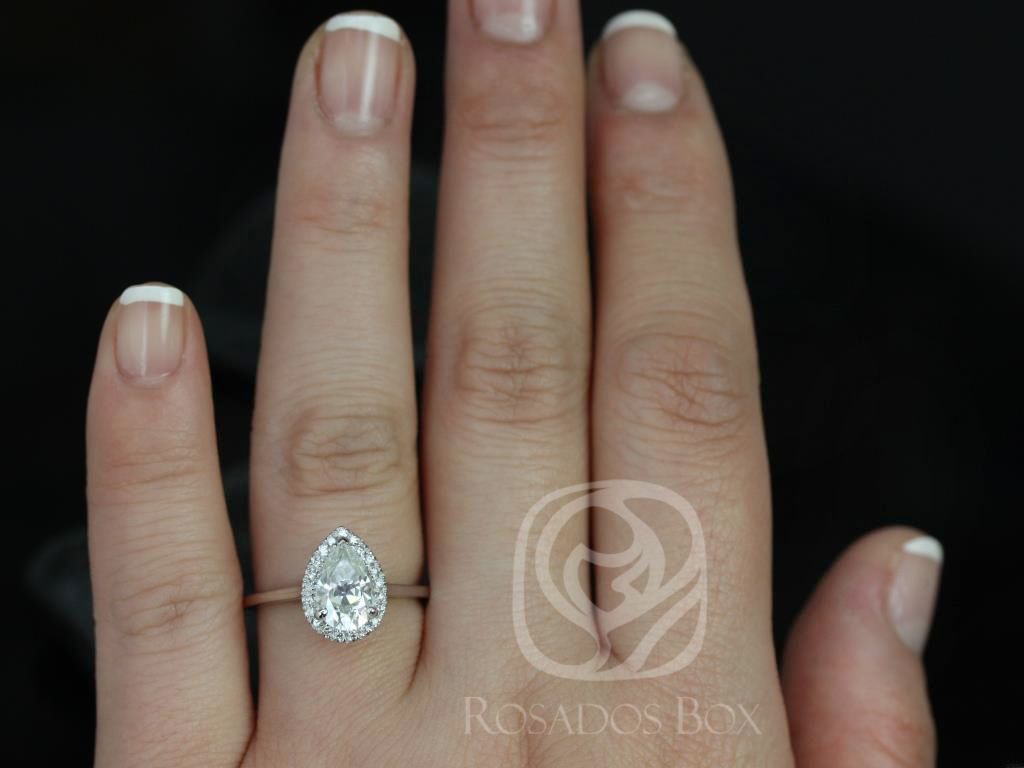 Rosados Box Julie 9x6mm 14kt White Gold Pear Moissanite and Diamonds Plain Shank Halo Engagement Ring