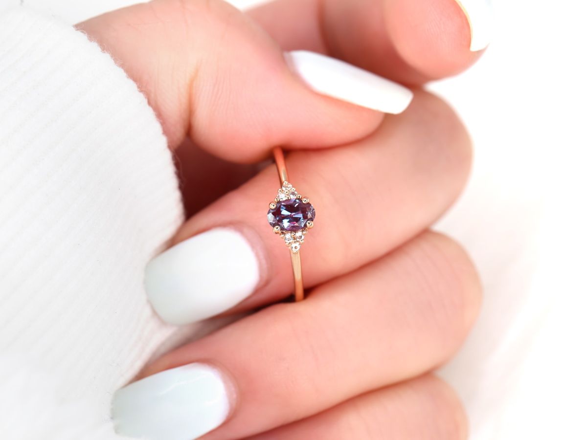 Ready to Ship Juniper 6x4mm 14kt Rose Gold Alexandrite Sapphire Oval Cluster Ring by Rosados Box