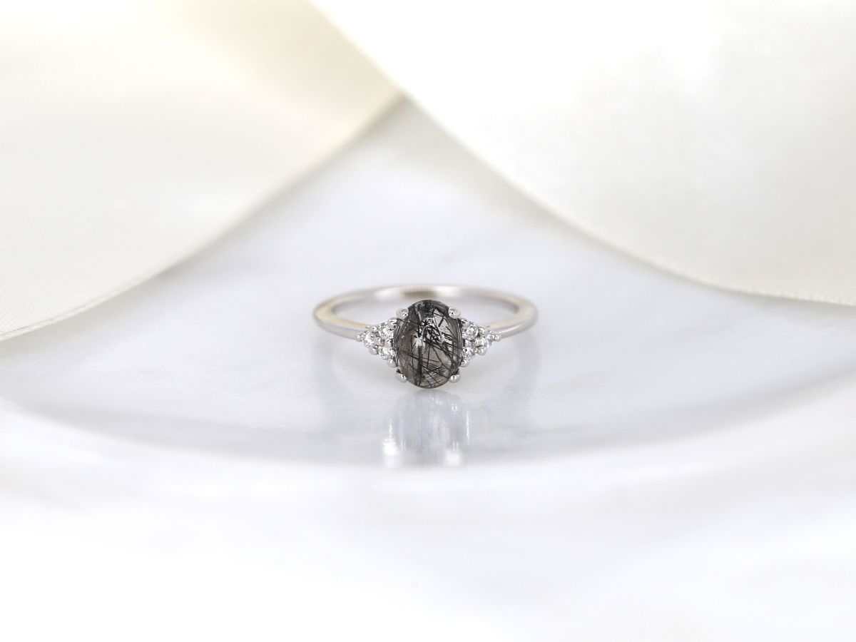 Juniper 8x6mm 14kt White Gold Tourmalinated Quartz Diamonds Oval Cluster Ring