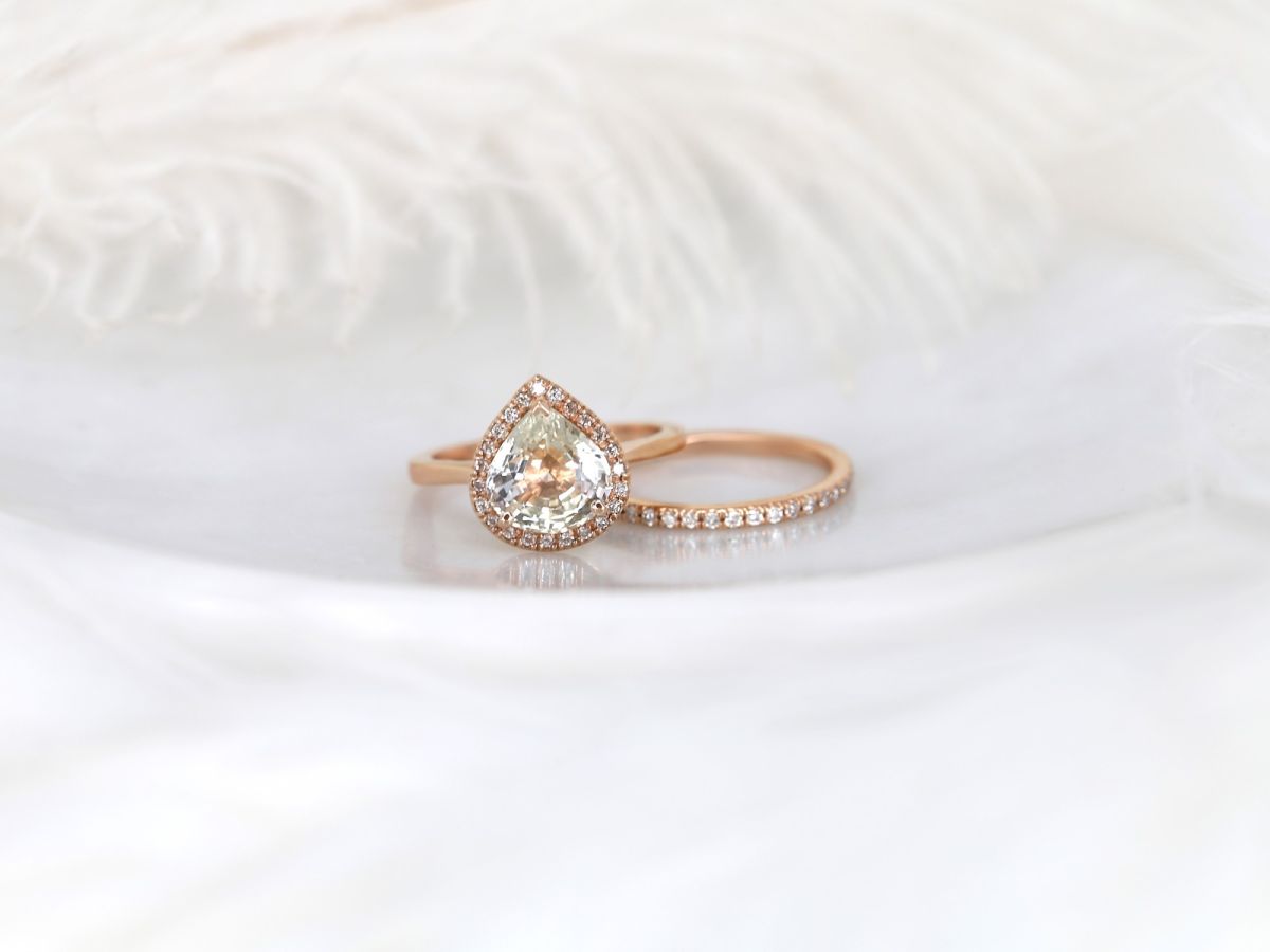 2.86cts Ready to Ship Karma & Pernella 14kt Rose Gold Icy Butter Champagne Sapphire Diamond Wide Pear Halo Bridal Set by Rosados Box