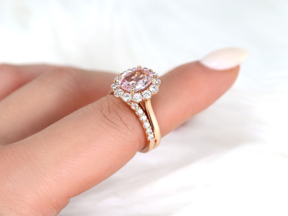 3.37cts Ready to Ship Katherine 14kt Rose Gold Peach Champagne Sapphire and Diamond Oval Halo Bridal Set