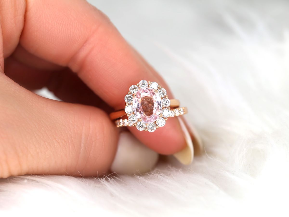 3.37cts Ready to Ship Katherine 14kt Rose Gold Peach Champagne Sapphire and Diamond Oval Halo Bridal Set