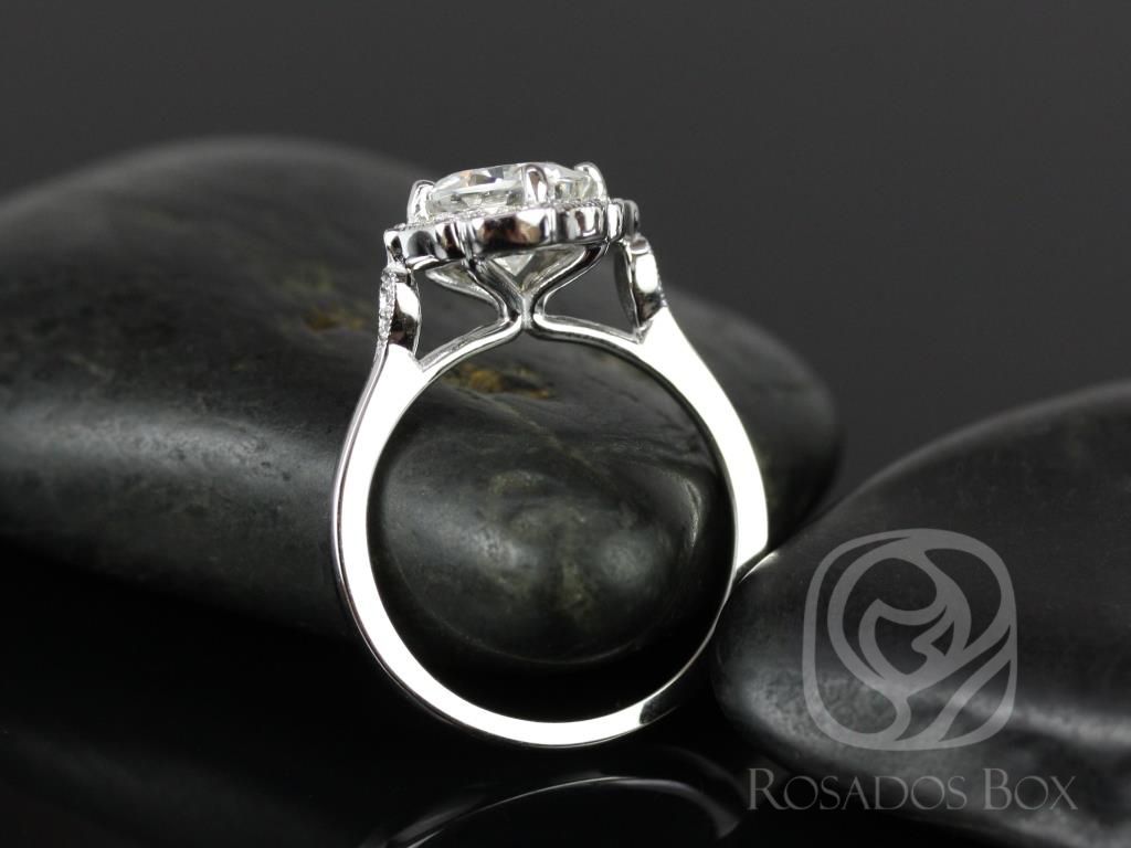 Rosados Box Lily 7mm 14kt White Gold Cushion Moissanite and Diamond Kite Halo WITH Milgrain Engagement Ring