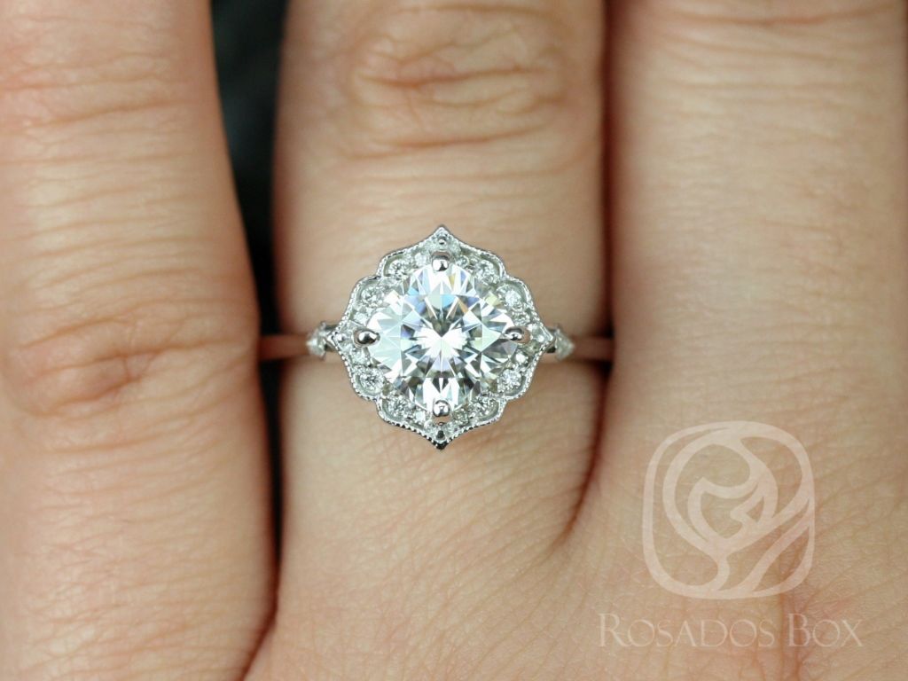 Rosados Box Lily 7mm 14kt White Gold Cushion Moissanite and Diamond Kite Halo WITH Milgrain Engagement Ring