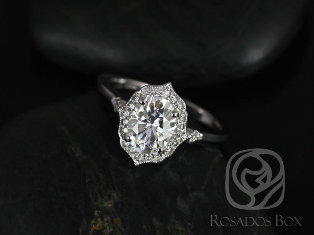 Rosados Box Mae 8x6mm 14kt White Gold Oval Forever One Moissanite and Diamond Halo WITH Milgrain Engagement Ring