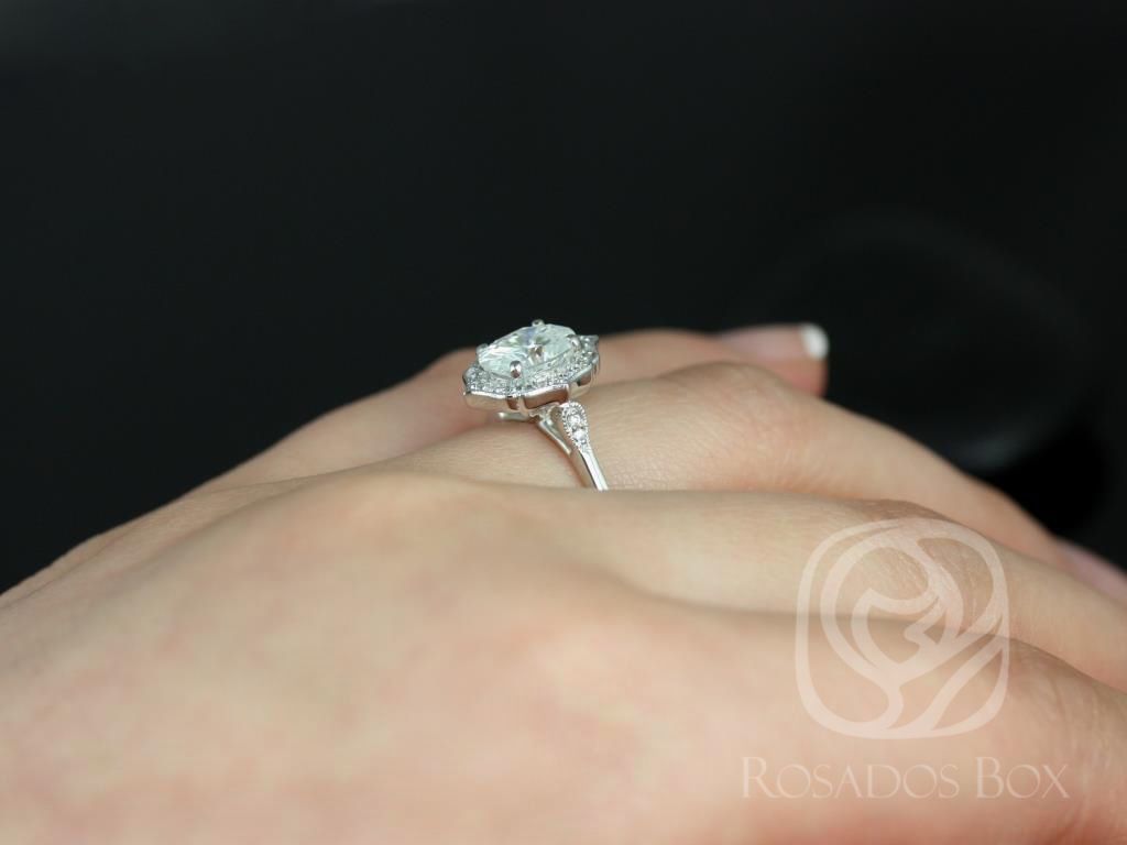 Rosados Box Mae 8x6mm 14kt White Gold Oval Forever One Moissanite and Diamond Halo WITH Milgrain Engagement Ring