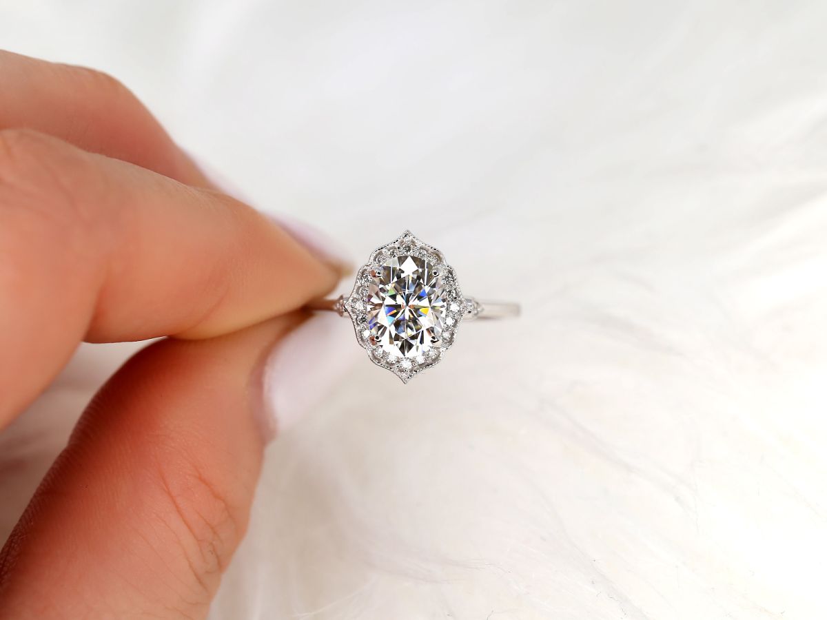 1.50ct Mae 8x6mm 14kt Gold Moissanite  WITH Milgrain Diamond Unique Oval Ring