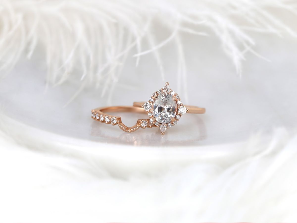 2.12ct Ready to Ship Maris 14kt Rose Gold Blush Champagne Sapphire Diamonds Unique Halo Bridal Set