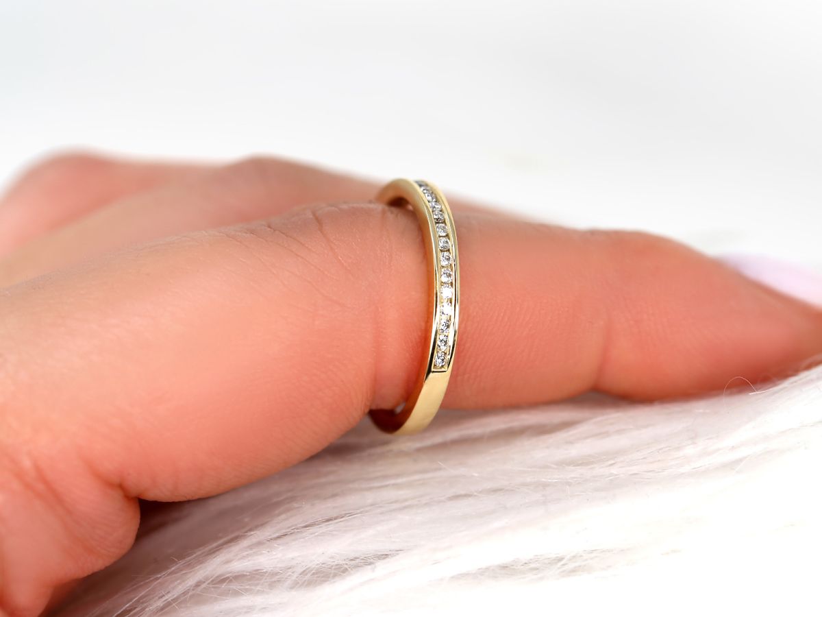 Ready to Ship Martha 14kt Yellow Gold Channel Set Round Diamond ALMOST Eternity Ring by Rosados Box
