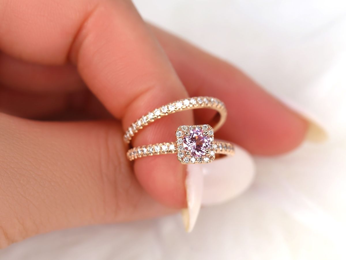 Ready to Ship Mikena 0.65cts 14kt Rose Blush Peach Sapphire Diamond Cushion Halo Bridal Set